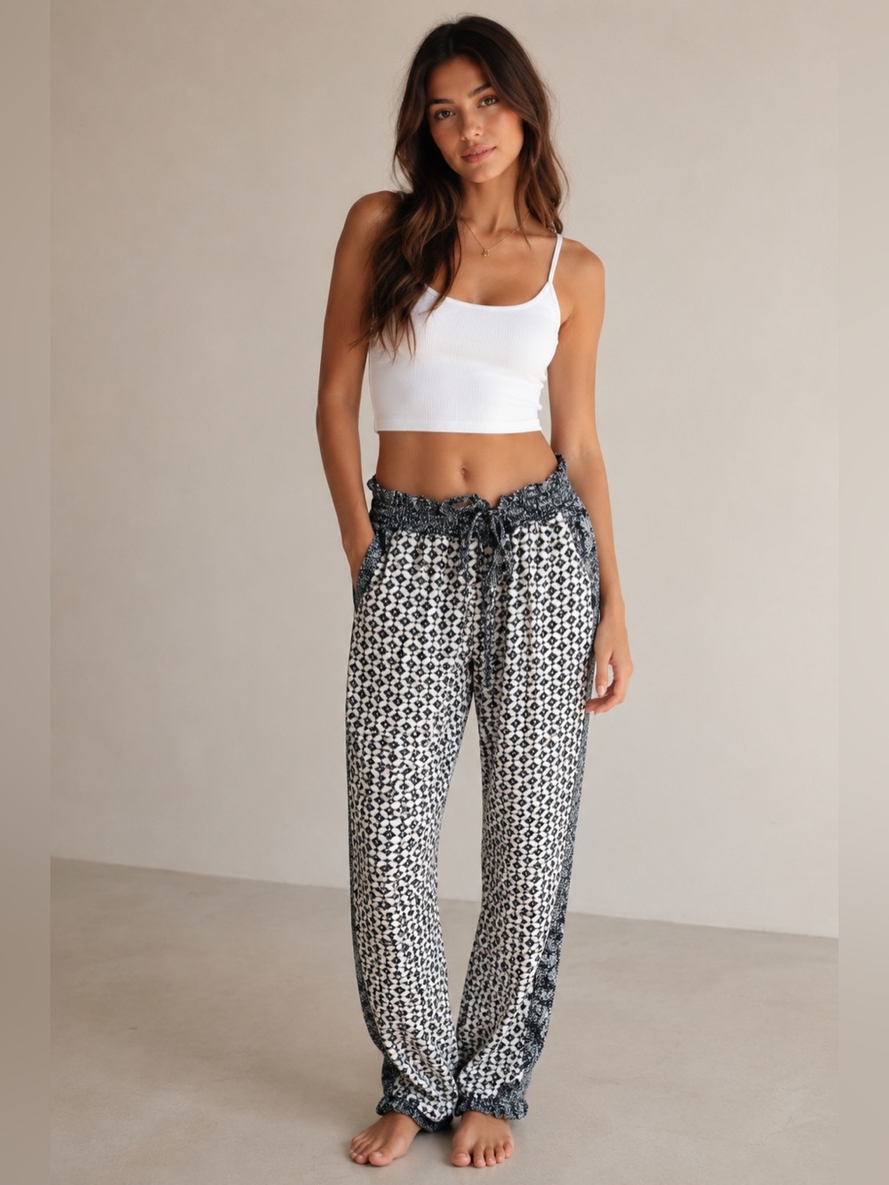 American Eagle Outfitters Black & White Geometric Boho Flowy Drawstring Pants